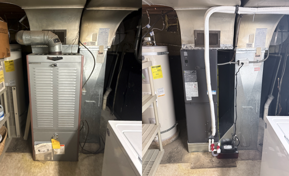before and after photo of old oil furnace replacement