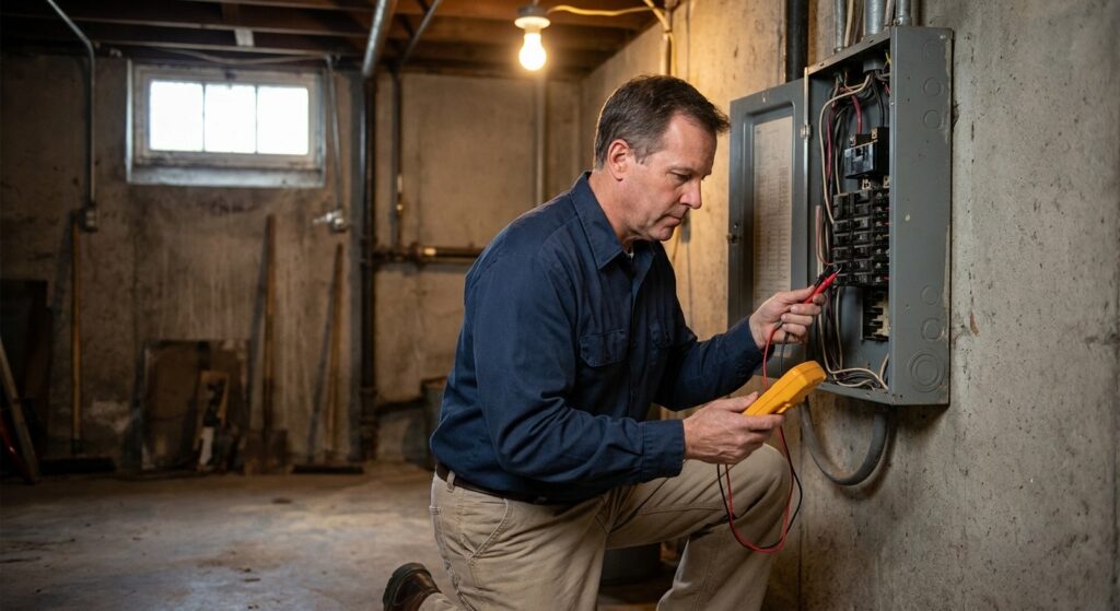 Electrician inspecting an older electrical panel in a basement