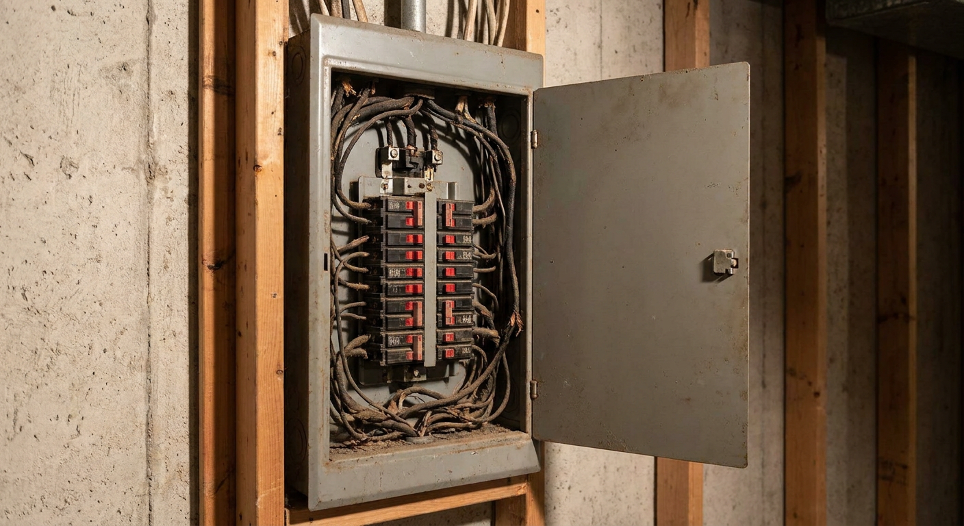 Old outdated electrical panel showing signs of wear and fire hazard risk