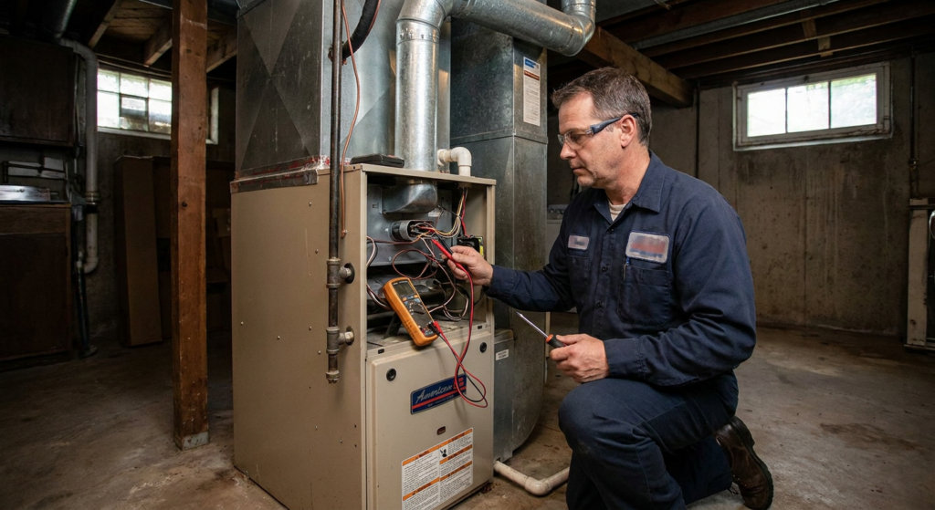 Licensed HVAC technician servicing a residential gas furnace
