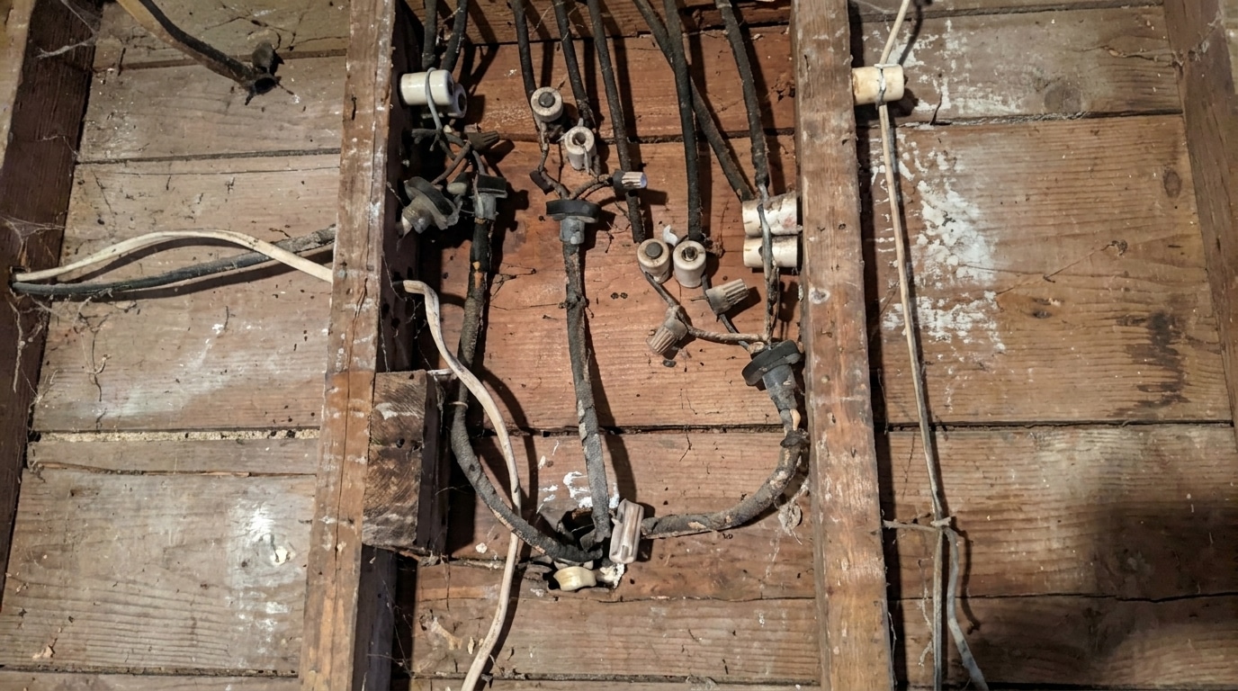 Close-up of real knob-and-tube wiring with wire nuts on wood floor joists