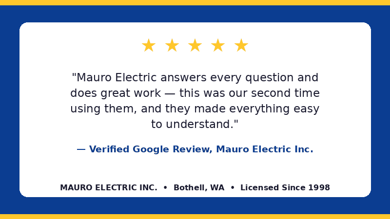 Five-star Google review for Mauro Electric Inc, Bothell WA electrician