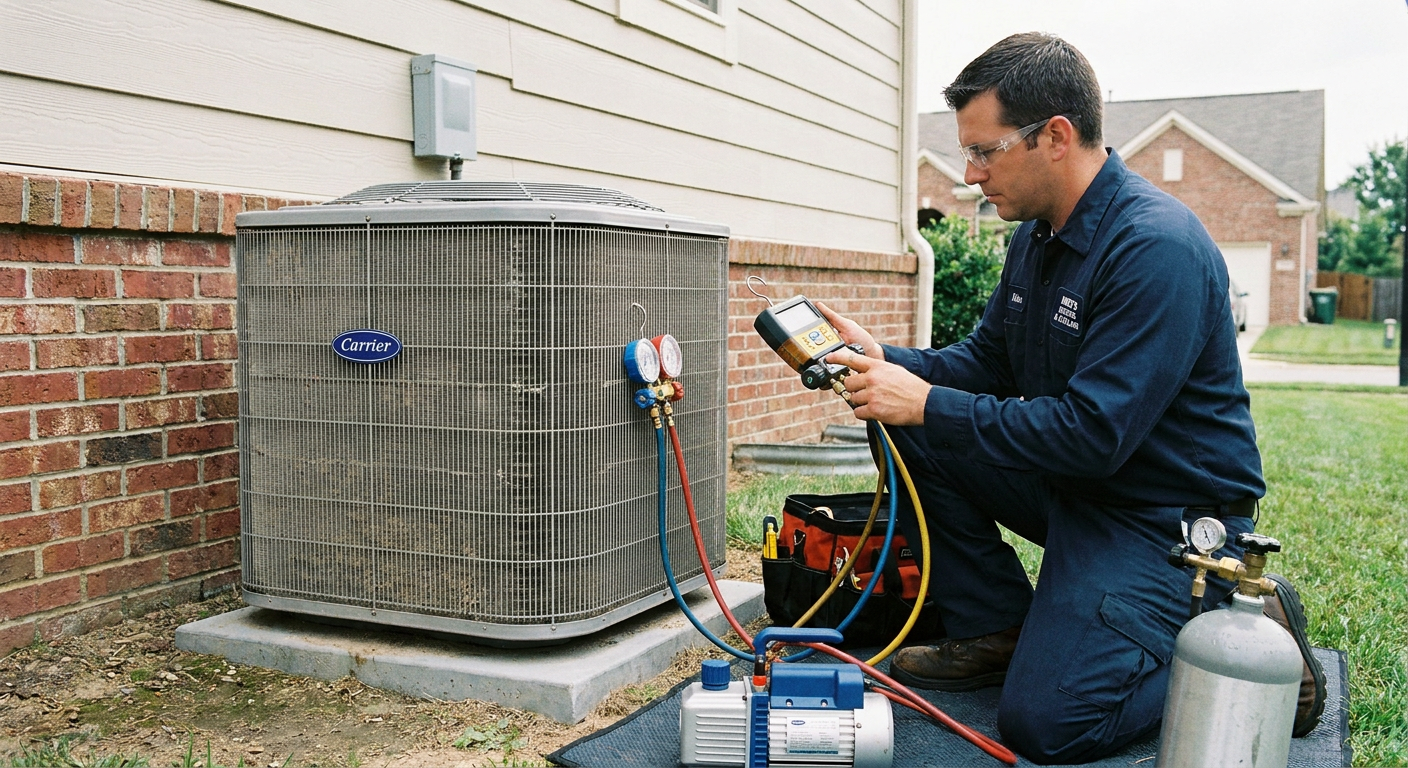 HVAC technician servicing a residential air conditioning condenser unit