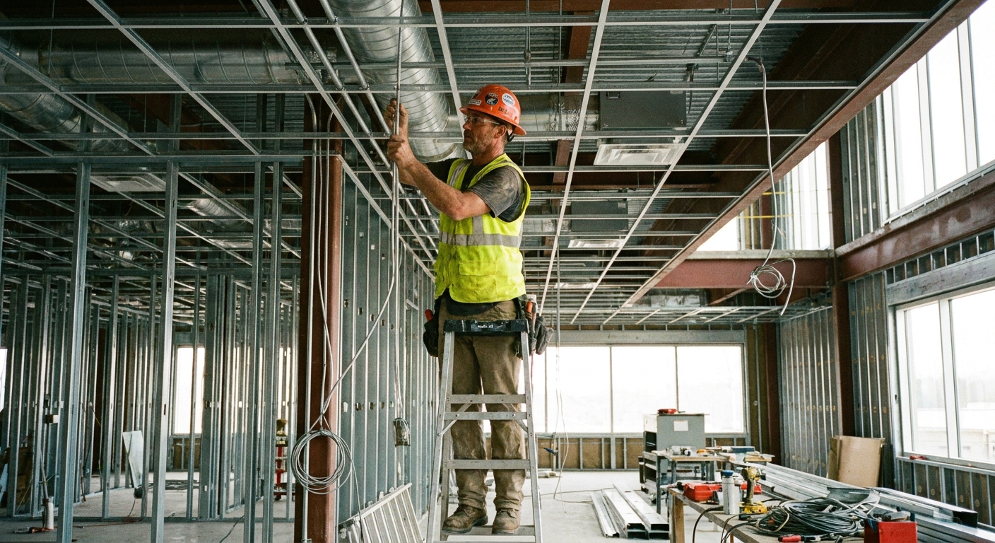 Electrician installing conduit and wiring in a commercial building under construction
