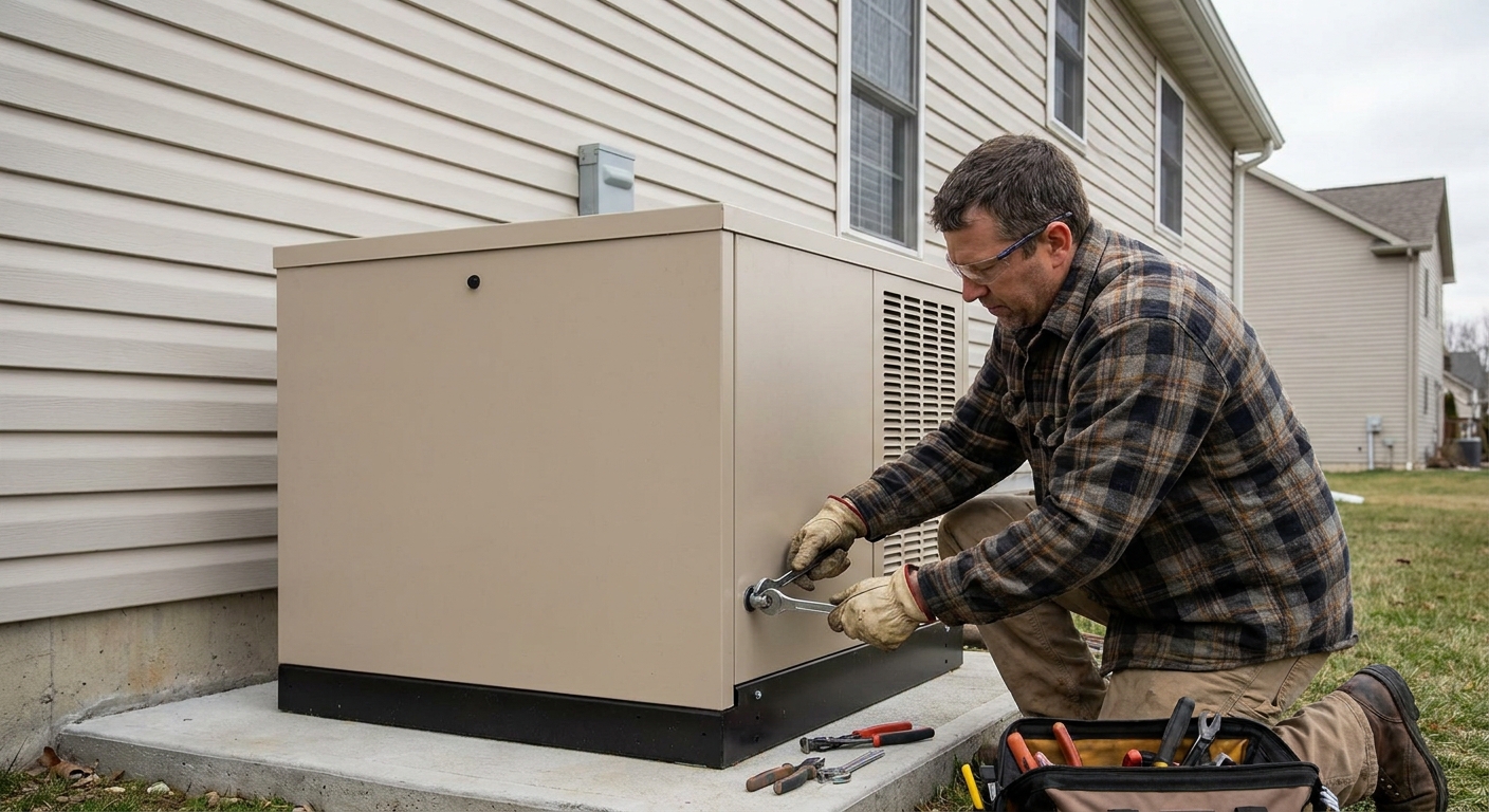 Technician installing a whole-home standby generator
