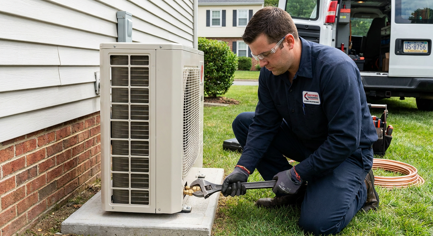 HVAC technician installing a residential heat pump unit