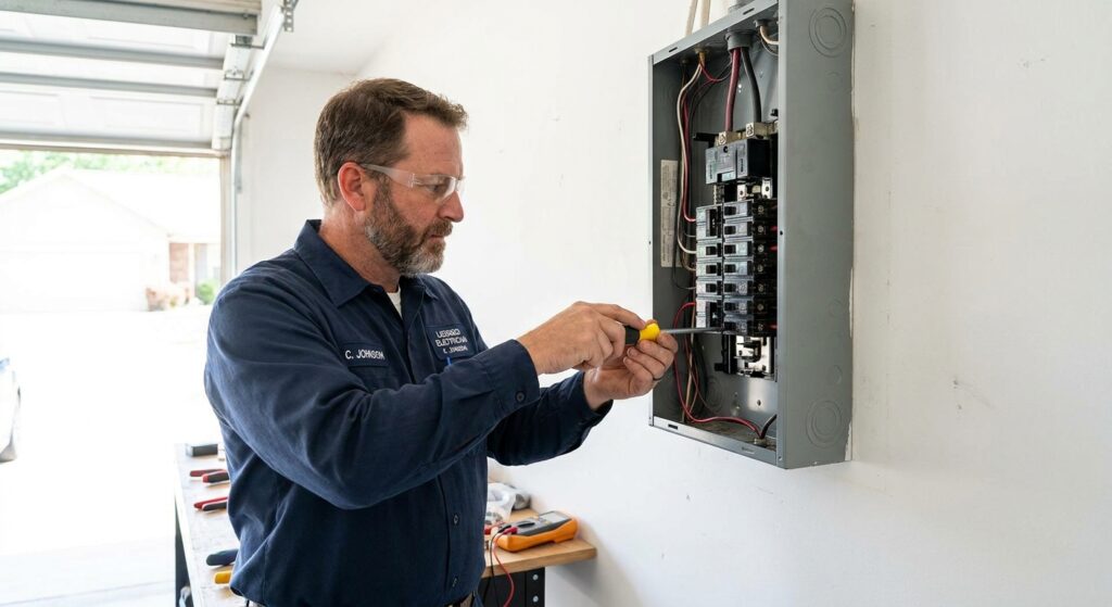 Licensed electrician working on a residential electrical panel