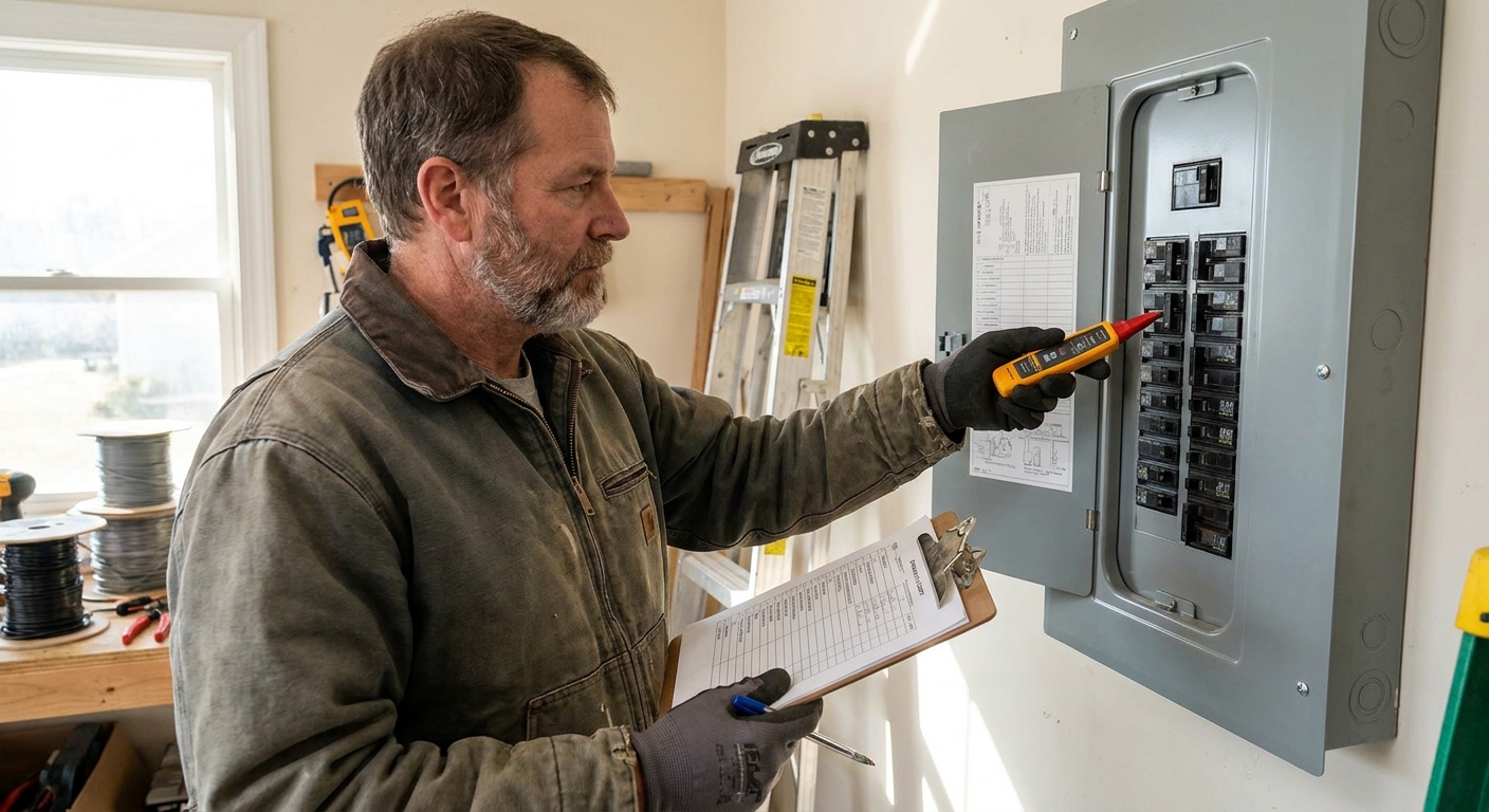 Electrician performing a home electrical safety inspection