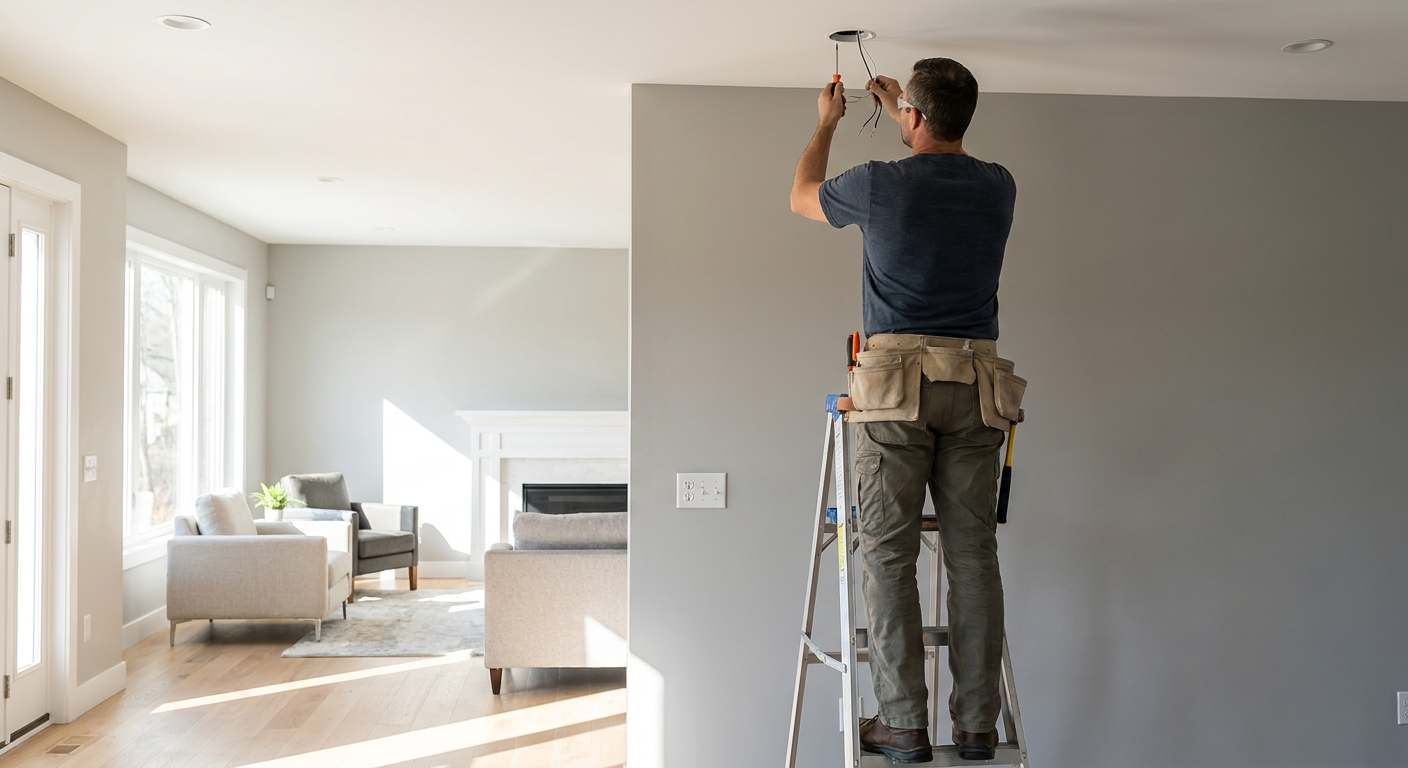 Electrician installing a ceiling light fixture in a remodeled US living room