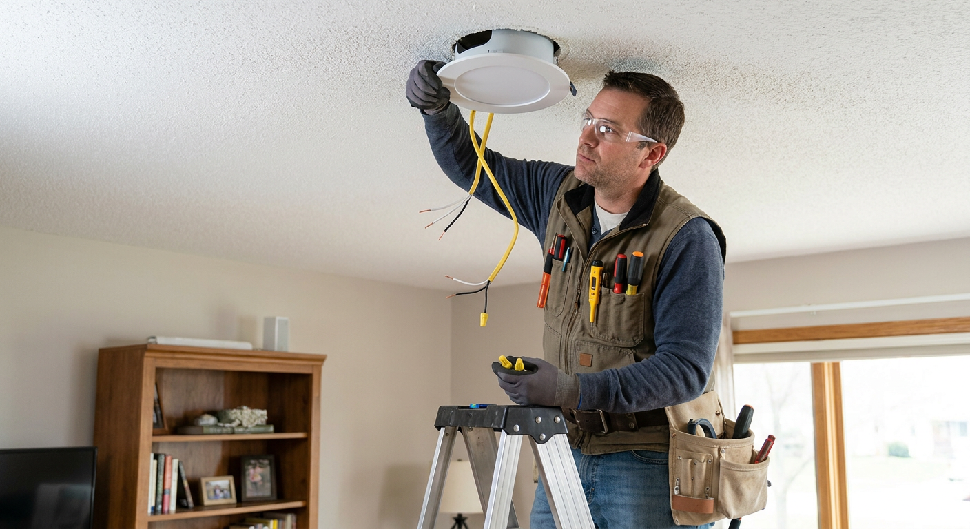 Electrician installing recessed LED lighting