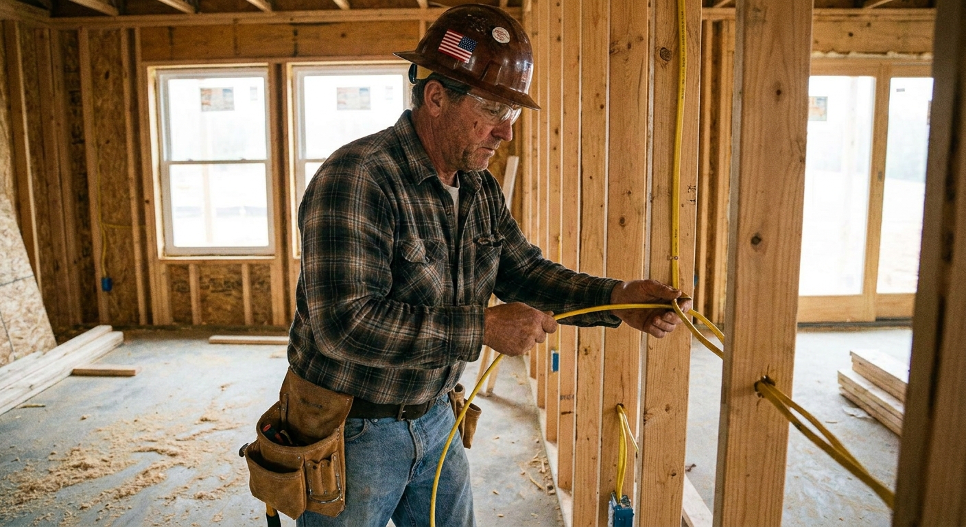 Electrician running new wiring in a home under construction