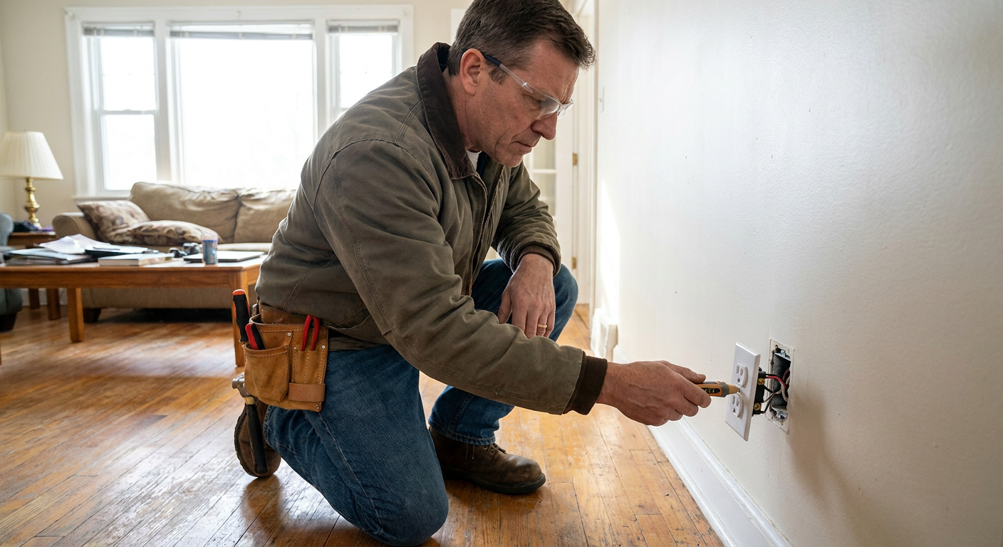 Electrician troubleshooting a residential wall outlet