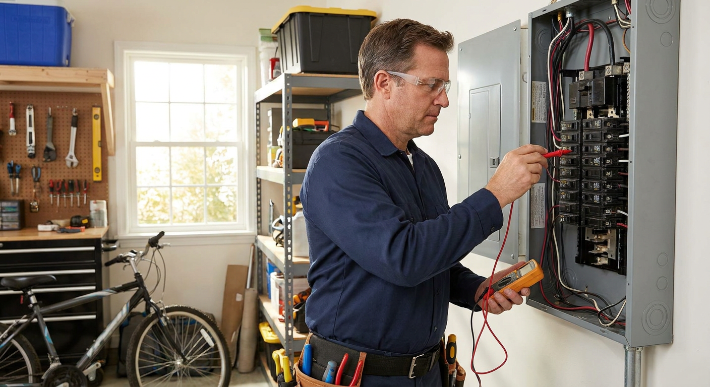Electrician diagnosing an electrical panel with a multimeter