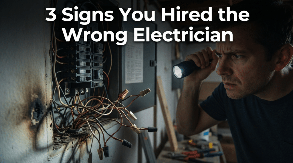 Concerned homeowner inspecting a scorched, unsafe electrical panel with a flashlight