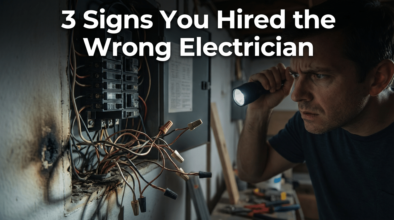 Concerned homeowner inspecting a scorched, unsafe electrical panel with a flashlight
