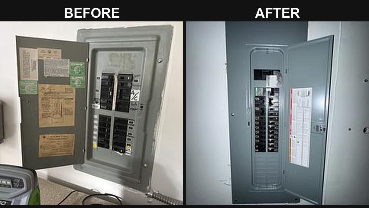 Before and after of an electrical panel replacement by Mauro Electric